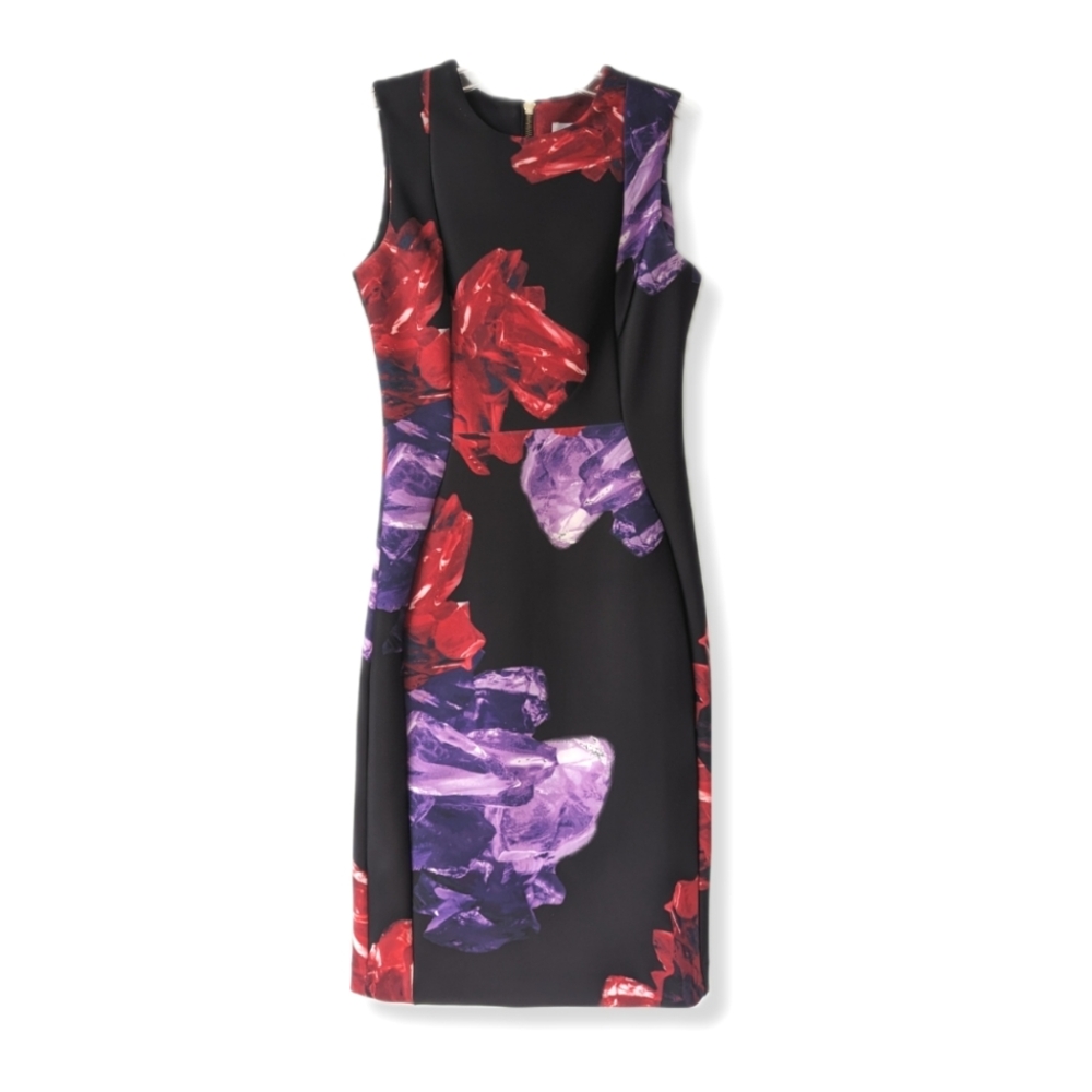 Calvin Klein Black Floral Print Scuba Sheath Dress